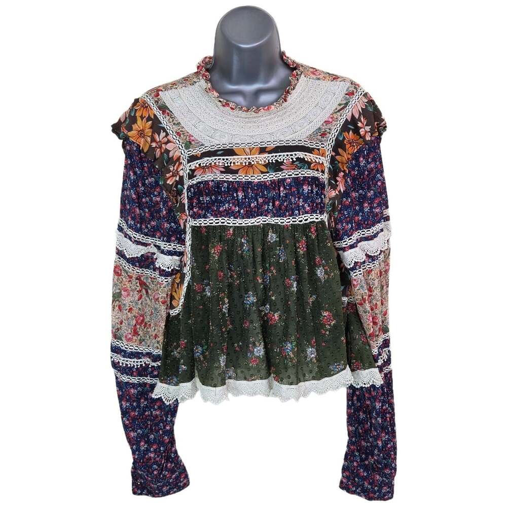 FARM Rio Mixed Liberty Long Sleeve Patchwork Blouse Top Size M